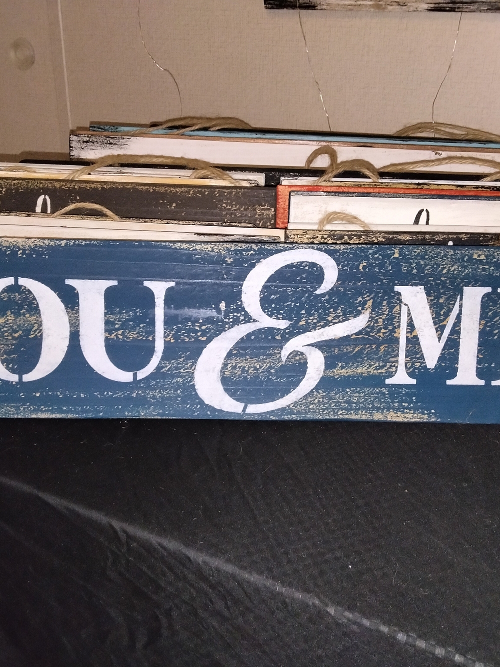 Handmade Rustic Painted Wood Hanging Sign "You & Me" Blue/White 24"X5.5"